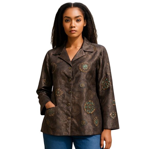 Susan Graver Sequin Embroidered Jacket Women's Plus Size 1X Green/Brown Dressy - Picture 1 of 16